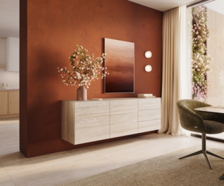 Sideboard Cuor 180 cm Keramik Laminam® Travertino Bianco Creme-Weiß 2 Türen 3 Schubfächer Schwebend