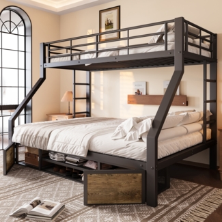 Merax Etagenbett, Kinderbett, 90 x 200 cm&140 x 200 cm, mit Schuhschrank, Staufächern, Sicherheitsgeländer, ohne Matratze, schwarz