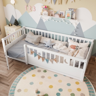 Merax Kinderbett mit Gitter, Einzelbett Paneelbett, 90 x 190 cm, Stern- und Monddekoration, Ohne Lattenrost (ohne Matratze), Weiß