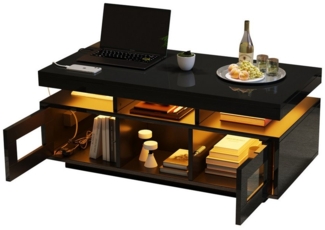 MODFU Couchtisch mit Hochglanz-Oberfläche (Satztisch, Wohnzimmertisch, Beistelltisch, 1-St, mit Ladeanschluss und steckdose), mit per mobiler App steuerbaren LED-Leuchten
