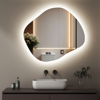 WDWRITTI Wandspiegel mit beleuchtung Badspiegel LED Touch Modern Dreifarbiges Dimmbar (LED Spiegel Bad Schminkspiegel Dekospiegel, Wolke, Wassertropfen, Stein), LED Multifunktionspiegel, Asymmetrisch Spiegel