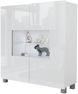 Mirjan24 Kommode Calabrini mit 2 Türen, Sideboard, Anrichte, 100 x 107 x 35 cm, Highboard, Mehrzweckschrank, Wohnzimmer (Weiß/Weiß Hochglanz, mit weißer LED Beleuchtung)