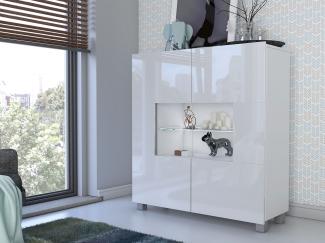 Mirjan24 Kommode Calabrini mit 2 Türen, Sideboard, Anrichte, 100 x 107 x 35 cm, Highboard, Mehrzweckschrank, Wohnzimmer (Weiß/Weiß Hochglanz, mit weißer LED Beleuchtung)