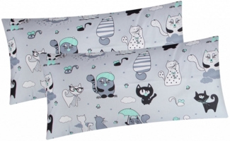 Heubergshop Kissenbezug, (2 Stück), 2er Set 40x80cm Katzen Grau Grün Kinder (BS-Katzen-Grün-40x80)
