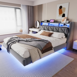 Merax Polsterbett 180 x 200 cm, Doppelbett, Umklappbares Kopfteil Mit Steckdose und Ablagefach, LED-Beleuchtung, Schwebendes Bettdesign, Samtstoff, Grau