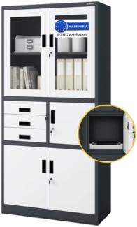Vitrinenschrank abschließbar GEDO - mit Tresor & Schubladen| Büroschrank aus Stahl Aktenschrank mit Glasfenster Metallschrank Mehrzweckschrank, 185x90x40cm Anthrazit-Weiß