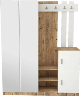 Dmora Eingangsmöbel Arcibaldo, Moderner Eingang, Wandgarderobe, Multifunktions-Aufbewahrungskonsole, 147x38h180 cm, Eiche und Weiß