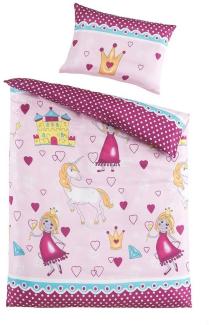 Optidream Microfaser Baby Bettwäsche 100x135 cm Bettbezug Kopfkissenbezug 40x60 cm Einhorn Prinzessin Pink