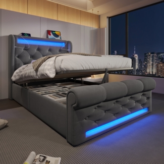 Merax Polsterbett Einzelbett 90x200cm, mit LED-Leuchten,Stauraum-Kopfteil mit USB- und Typ-C-Anschlüssen, Hydraulisches Stauraumbett, Samt, Grau