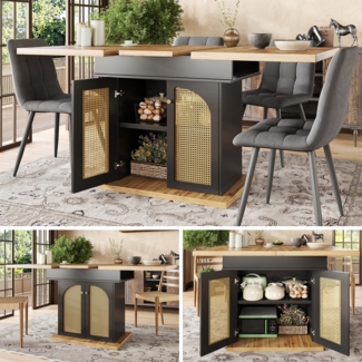 Esstisch, Teleskoptisch klappbar für 4–6 Personen, Ausziehbarer Küchentisch, platzsparend, Mit PE Rattan-Schranktüren, MDF + PE Rattan, Natur, 110–140×80 cm