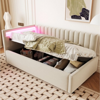 HAUSS SPOLE Schlafsofa 90x200 mit LED-Beleuchtung und hydraulischem Stauraum, Samt, Beige, Daybett Tagesbett mit LED-Beleuchtung, hydraulischem Stauraum & verstellbarem Kopfteil, Samtbezug, Ohne Matratze