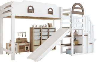 Merax Kinderbett, mit Fenster + Kinderrutsche + Treppen mit Handlauf + 2 Schließfächer in der Treppe, Kiefer+MDF, Weiß+Braun, 90x200cm