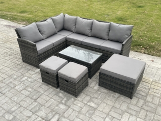 Fimous 9 Sitzer Gartenmöbel-Set aus Rattan mit Couchtisch 3 Fußhockern Dunkelgrau gemischt
