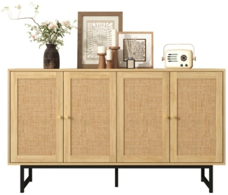 SeedWave Sideboard Vielseitige Kommode, 4 Schiebetüren mit Rattan Draußen Geschmückt, Echte Rattan, Verstellbare Einlegeböden, Stabile Metallbeine