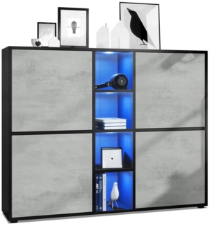 Vladon Highboard Cuba V3, Schwarz matt/Beton Oxid Optik inkl. LED - Moderne Anrichte mit 12 Fächern (130,5 x 105,5 x 35,5 cm)