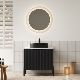 Badezimmerwaschtisch, 76 cm Freistehend mit Schwarzem Oval Gestreiftem Keramikwaschbecken Arbeitsplatte aus Weißem Gesintertem Carrara-Stein Gestreifter Schrank mit Doppeltüren, Keramik+Sinterstein+Sperrholz, Schwarz+Weiß