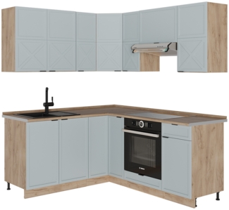 Eckküche Fame-Line Hellblau-grau/Goldkraft Eiche 190 x 60 cm , AP Eiche Vicco