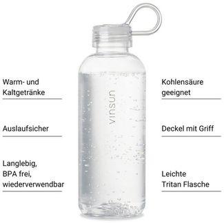 Vinsun Trinkflasche Trinkflasche 650ml, Kohlensäure geeignet, auslaufsicher, Tritan, BPA frei, bruchsicher, geruchs- und geschmacksneutral, auslaufsicher