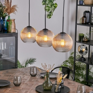 hofstein Hängeleuchte 3-flammige Hängelampe aus Metall/Riffelglas in Schwarz/Bernstein/Klar, ohne Leuchtmittel, moderne Pendelleuchte im Retro/Vintage-Design (Schirme Ø 20 cm), E27