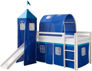 Hochbett mit Lattenrost 90x200 Turm Tunnel Rutsche Stockbett Kinderbett Holz Kiefer Vorhang blau