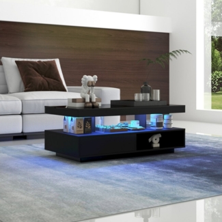 STILVORA Couchtisch Wohnzimmertisch Hochglanz-Beistelltisch Sofatisch mit Stauraum, schwarz (Beistelltisch mit 2 Schubladen, 1-St, mit LED-Beleuchtung und hochglänzender Tischplatte), Wohnzimmertisch mit Glastrennwände