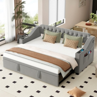 autolock Schlafsofa Polsterbett, Schlafsofa mit USB-Ladeanschluss, Ablagetaschen
