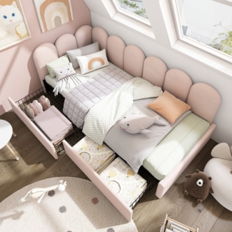 HAUSS SPOLE Polsterbett 90x200cm mit 2 Schubladen, Lattenrost, Samt Rosa (Ohne Matratze) (2 Schubladen, ohne Matratze), mit Stauraumschubladen und Lattenrost