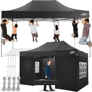 COBIZI Pavillon 3x4,5 Wasserdicht Stabil Winterfest mit 4 Seitenwand,Popup Faltpavillon Partyzelt,Faltbarer Sonnenschutz Gartenpavillon für Strand Hochzeit Camping mit Handtasche(3 mal 4,5m Schwarz)
