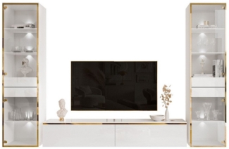 ALLHOUSE24 Wohnzimmer-Set Möbelset PEONY GOLD mit LED weiß Hochglanz Glasvitrine TV Schrank, (1x TV Schrank, 2 x Vitrinen), Fronten in Hochglanz, LED Beleuchtung