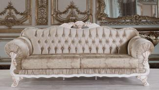 Casa Padrino Barock Sofa Braun / Weiß / Beige 230 x 84 x H. 100 cm - Prunkvolles Wohnzimmer Sofa mit Glitzersteinen - Barockstil Möbel