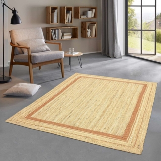 TaraCarpet Teppich Jute Durry Bordüre Flachgewebe Boho Modern, rechteckig, Höhe: 5 mm, Teppich Sisal optik Bordüre terra Wohnzimmer 60x110 cm