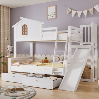 Flieks Etagenbett, Kinderbett mit Rutsche, Leiter und zwei Schubladen, 90x200cm+120x200cm