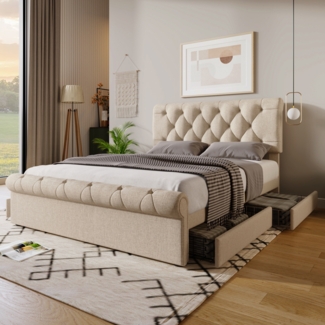 Polsterbett 140x200 cm mit 4 Schubladen, höhenverstellbarem Kopfteil im Scroll-Design, Leinenbett mit Stauraum