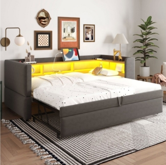 MODFU Schlafsofa Polsterbett Daybett Funktionsbett, Ausziehbares Tagesbett 90/180*190 cm mit LED-Beleuchtung, Steckdosen & Stauraum, für Wohnzimmer, Schlafzimmer & Gästezimmer