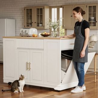 i@home Kücheninsel mit Rollen, Küchenschrank, Servierwagen, 120 x 50 x 92 cm, Kücheninsel mit Rollen, Integrierter Abfallbehälter, Viel Stauraum