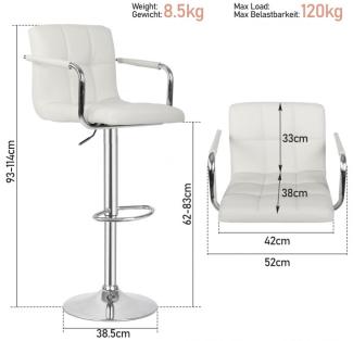 MIADOMODO® Barhocker - 2er Set, Höhenverstellbar, mit Rückenlehne, Armlehne, Fußstütze, Drehbar, 360 Grad, Stahl, Kunstleder, Gepolstert, Weiß - Barstuhl, Tresenhocker, Küchenstühle, Küchenhocker