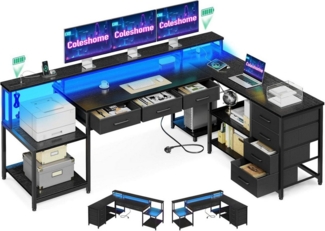 LuxusKollektion Gamingtisch Gaming Tisch mit Schubladen Stauraum LED Beleuchtung L-Form Büro