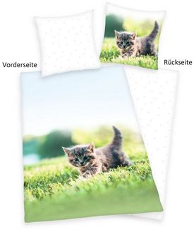 Herding Kinderbettwäsche Herding Flanell Wende Bettwäsche Set Katzen Bettwäsche 2 tlg. 135 x 200cm