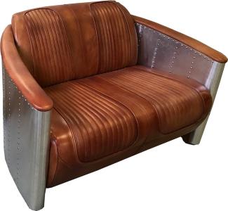 Casa Padrino Luxus Art Deco Leder Sofa 122 x 70 x H. 82 cm - Verschiedene Farben - Aluminium Wohnzimmer Sofa mit Echtleder - Aluminium Flugzeug Flieger Sofa Möbel