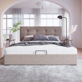 Polsterbett 140x200 cm mit hydraulischem Bettkasten, höhenverstellbarem Kopfteil, Samt Hellgrau, Stauraum Design