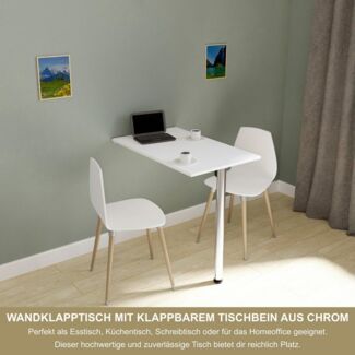 Wandklapptisch mit Tischbein Schreibtisch Tischplatte 80x50 cm in Weiß Klapptisch Esstisch Küchentisch für die Wand Stabiler Bartisch Wandtisch Tisch klappbar zur Wandmontage im Büro Küche