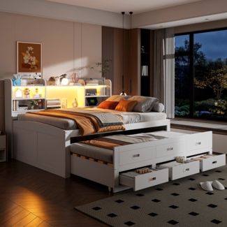 Tagesbett, Schlafsofa mit LED-Fernbedienung, 3 Schubladen, USB & Type-C, MDF, Weiß, 140×200 cm