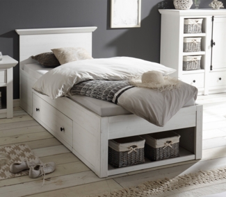 Bett Einzelbett Westerland mit Bettschublade 90x200cm pinie weiß Landhaus