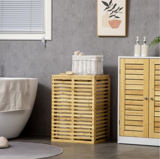 HOMCOM Wäschekorb mit Deckel, herausnehmbarer Wäschesack, Stange (63 L Wäschebox, 1 St, Wäschesammler aus Bambus), für Waschküche Schlafzimmer Badezimmer Naturholz