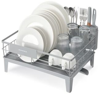 SONGMICS Abtropfgestell Geschirr, Geschirr-Abtropfständer, 360° drehbarer und ausziehbarer Ablauf, Abtropfschale, Besteckhalter, Küche, 31 x 42 x 18,5 cm