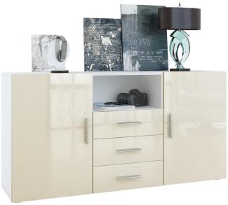 Vladon Sideboard Skadu, Kommode mit 2 Türen, 3 Schubladen und 1 offenem Fach, Weiß matt/Creme Hochglanz (138,5 x 71,5 x 35 cm)