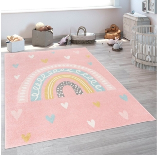 Paco Home Kinderteppich Nino 887, rechteckig, Höhe: 13 mm, Kurzflor, Spielteppich, Motiv Regenbogen & Herzen, Kinderzimmer