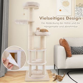 Kratzbaum Groß Katzenbaum mit 2-stöckiger Kratztonne 2 Hängematten Natur 58 x 58 x 187 cm