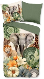 hip Wendebettwäsche Sagadar, Mako-Satin, Satin, 2 teilig, Satin, Baumwolle, Reißverschluss, Wende, Löwe, Elefant, Giraffe, grün