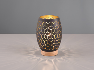 Kleine LED Tischleuchte in Schwarz/Gold mit ausgefallenem Stanzmuster, H: 21cm